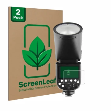 Face avant d’un emballage produit avec le logo de la marque ScreenLeaf. À côté, l’appareil Godox TT685 II est représenté avec 