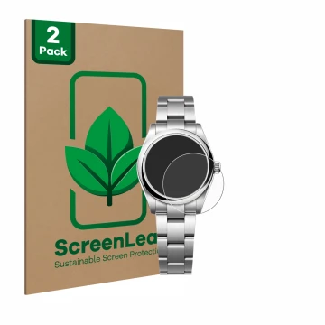 Face avant d’un emballage produit avec le logo de la marque ScreenLeaf. À côté, l’appareil Rolex Oyster Perpetual 31 est repré