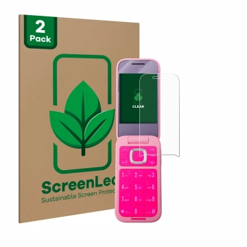 Face avant d’un emballage produit avec le logo de la marque ScreenLeaf. À côté, l’appareil HMD Barbie Phone est représenté ave