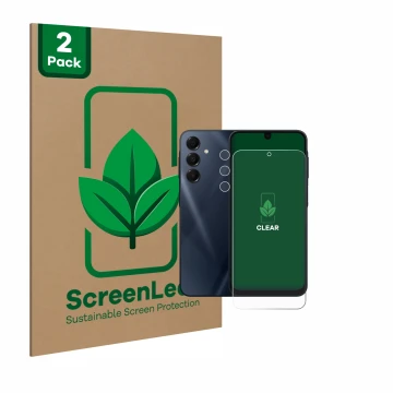 Face avant d’un emballage produit avec le logo de la marque ScreenLeaf. À côté, l’appareil Samsung Galaxy A16 5G (Avant+Caméra