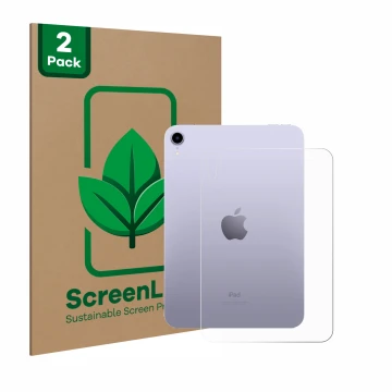 Face avant d’un emballage produit avec le logo de la marque ScreenLeaf. À côté, l’appareil Apple iPad Mini 7 WiFi 2024 (Arrièr