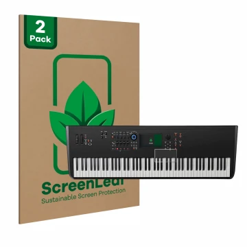 Face avant d’un emballage produit avec le logo de la marque ScreenLeaf. À côté, l’appareil Yamaha MODX8+ est représenté avec l
