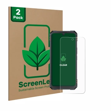 Face avant d’un emballage produit avec le logo de la marque ScreenLeaf. À côté, l’appareil Cubot King Kong Star 2 est représen
