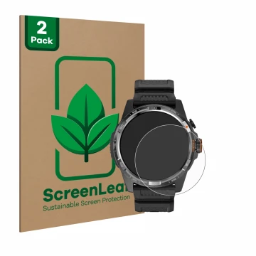 Face avant d’un emballage produit avec le logo de la marque ScreenLeaf. À côté, l’appareil Mobvoi Ticwatch Atlas est représent