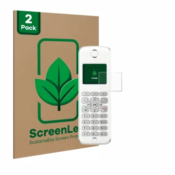 Face avant d’un emballage produit avec le logo de la marque ScreenLeaf. À côté, l’appareil AVM Fritz!Fon M2 est représenté ave