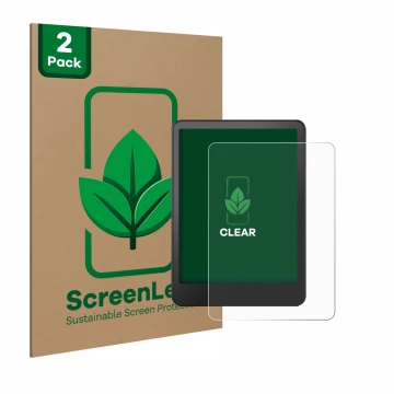 Face avant d’un emballage produit avec le logo de la marque ScreenLeaf. À côté, l’appareil Amazon Kindle Colorsoft Signature E