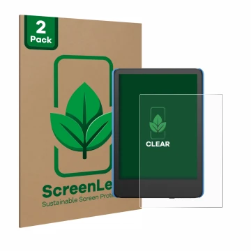 Face avant d’un emballage produit avec le logo de la marque ScreenLeaf. À côté, l’appareil Amazon Kindle Kids (2024) est repré