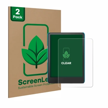 Face avant d’un emballage produit avec le logo de la marque ScreenLeaf. À côté, l’appareil Amazon Kindle Paperwhite Kids 2024 