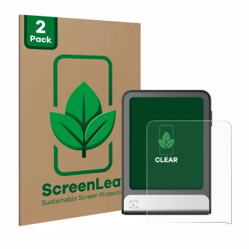 Face avant d’un emballage produit avec le logo de la marque ScreenLeaf. À côté, l’appareil Ledger Flex est représenté avec la 