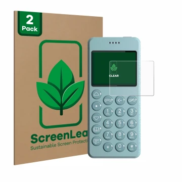 Face avant d’un emballage produit avec le logo de la marque ScreenLeaf. À côté, l’appareil Punkt MP02 est représenté avec la p