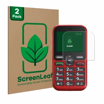 Face avant d’un emballage produit avec le logo de la marque ScreenLeaf. À côté, l’appareil Doro Leva L10 est représenté avec l