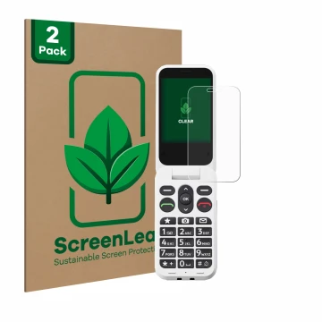 Face avant d’un emballage produit avec le logo de la marque ScreenLeaf. À côté, l’appareil Doro Leva L30 est représenté avec l