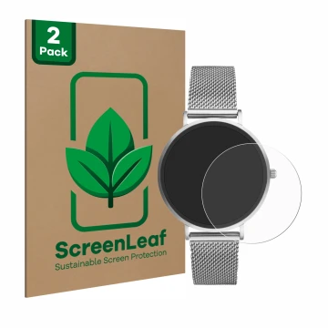 Face avant d’un emballage produit avec le logo de la marque ScreenLeaf. À côté, l’appareil Xcoast X-Watch Siona 2 Nano est rep