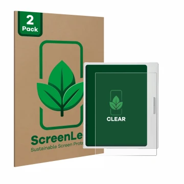 Face avant d’un emballage produit avec le logo de la marque ScreenLeaf. À côté, l’appareil Boox Go Color 7 White Edition est r
