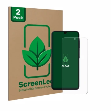 Face avant d’un emballage produit avec le logo de la marque ScreenLeaf. À côté, l’appareil Samsung Galaxy A16 4G est représent