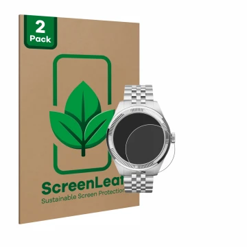 Face avant d’un emballage produit avec le logo de la marque ScreenLeaf. À côté, l’appareil Withings ScanWatch Nova Brilliant (