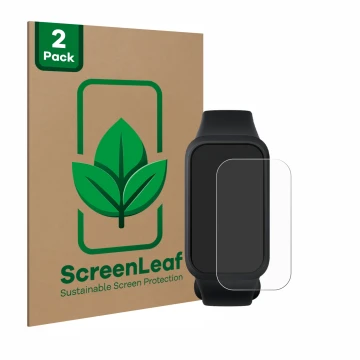 Face avant d’un emballage produit avec le logo de la marque ScreenLeaf. À côté, l’appareil Xiaomi Smart Band 9 Active est repr