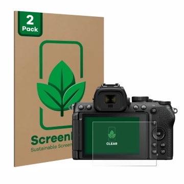 Face avant d’un emballage produit avec le logo de la marque ScreenLeaf. À côté, l’appareil Nikon Z50 II est représenté avec la