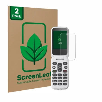 Face avant d’un emballage produit avec le logo de la marque ScreenLeaf. À côté, l’appareil Doro 2820 est représenté avec la pr