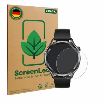 Face avant d’un emballage produit avec le logo de la marque ScreenLeaf. À côté, l’appareil Xiaomi Watch S4 (47 mm) est représe