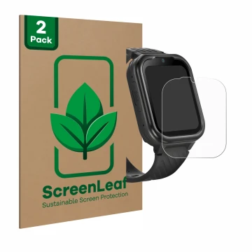 Face avant d’un emballage produit avec le logo de la marque ScreenLeaf. À côté, l’appareil RAYOFI Kids Smartwatch est représen