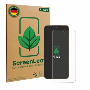 Face avant d’un emballage produit avec le logo de la marque ScreenLeaf. À côté, l’appareil Motorola Edge 50 Neo est représenté