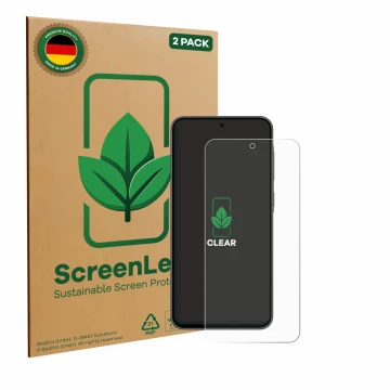 Face avant d’un emballage produit avec le logo de la marque ScreenLeaf. À côté, l’appareil Samsung Galaxy A36 5G est représent