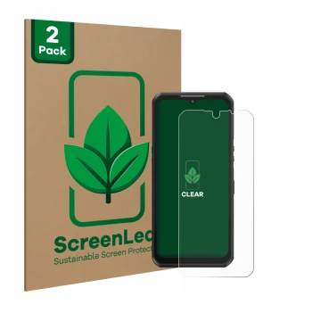 Face avant d’un emballage produit avec le logo de la marque ScreenLeaf. À côté, l’appareil Oukitel WP39 est représenté avec la