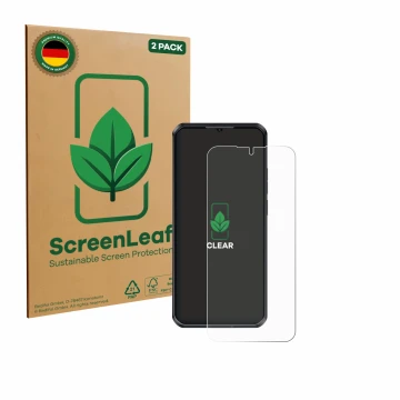 Face avant d’un emballage produit avec le logo de la marque ScreenLeaf. À côté, l’appareil Oukitel WP52 est représenté avec la