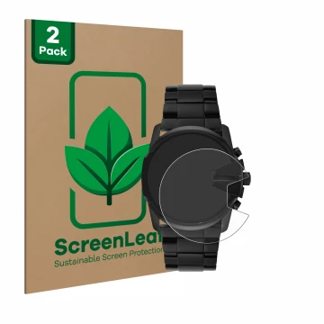 Face avant d’un emballage produit avec le logo de la marque ScreenLeaf. À côté, l’appareil Diesel Master Chief DZ4180 est repr