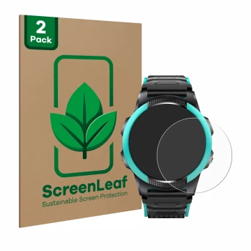 Face avant d’un emballage produit avec le logo de la marque ScreenLeaf. À côté, l’appareil SaveFamily Slim 4G est représenté a