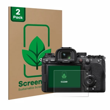 Face avant d’un emballage produit avec le logo de la marque ScreenLeaf. À côté, l’appareil Sony Alpha 1 II (ILCE1M2B) est repr