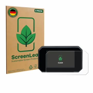 Face avant d’un emballage produit avec le logo de la marque ScreenLeaf. À côté, l’appareil Suzuki GSX-8S 2024 est représenté a