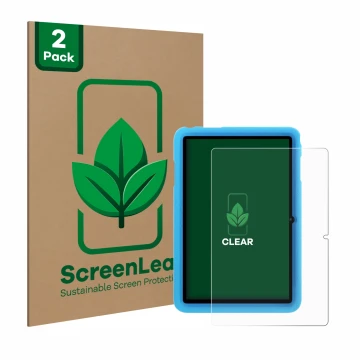 Face avant d’un emballage produit avec le logo de la marque ScreenLeaf. À côté, l’appareil Blackview Tab 8 Kids est représenté