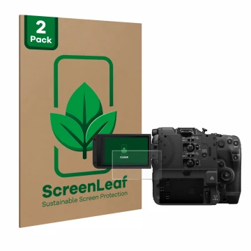 Face avant d’un emballage produit avec le logo de la marque ScreenLeaf. À côté, l’appareil Canon EOS C400 est représenté avec 