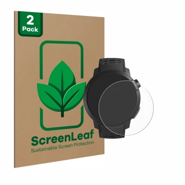 Face avant d’un emballage produit avec le logo de la marque ScreenLeaf. À côté, l’appareil Coros Pace Pro est représenté avec 