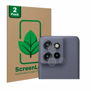 Face avant d’un emballage produit avec le logo de la marque ScreenLeaf. À côté, l’appareil Motorola Edge 50 Neo (Caméra UNIQUE