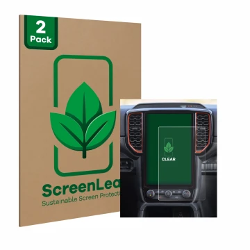 Face avant d’un emballage produit avec le logo de la marque ScreenLeaf. À côté, l’appareil Ford Ranger XLT (2024) est représen