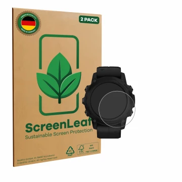 Face avant d’un emballage produit avec le logo de la marque ScreenLeaf. À côté, l’appareil Garmin Descent G1 Solar est représe