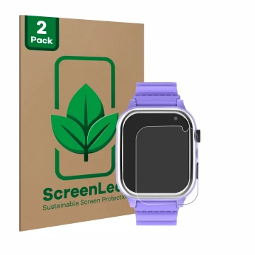 Face avant d’un emballage produit avec le logo de la marque ScreenLeaf. À côté, l’appareil Jubunrer Kids Smartwatch est représ