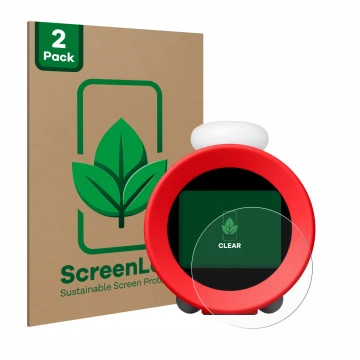 Face avant d’un emballage produit avec le logo de la marque ScreenLeaf. À côté, l’appareil Nintendo Sound Clock Alarmo est rep