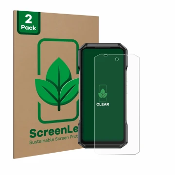 Face avant d’un emballage produit avec le logo de la marque ScreenLeaf. À côté, l’appareil Ulefone Armor 27 est représenté ave