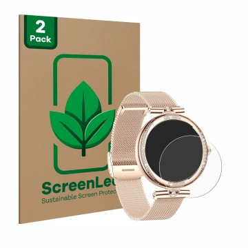 Face avant d’un emballage produit avec le logo de la marque ScreenLeaf. À côté, l’appareil Bekomiya Smartwatch 1.19