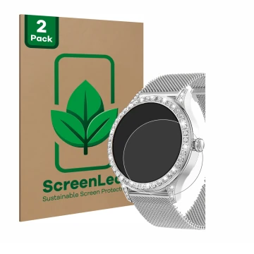 Face avant d’un emballage produit avec le logo de la marque ScreenLeaf. À côté, l’appareil Powerwill Smartwatch 1.27