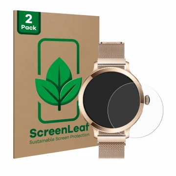 Face avant d’un emballage produit avec le logo de la marque ScreenLeaf. À côté, l’appareil Bekomiya Smartwatch 1.1