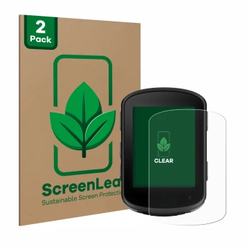 Face avant d’un emballage produit avec le logo de la marque ScreenLeaf. À côté, l’appareil Garmin Edge 840 Solar est représent