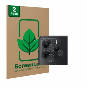 Face avant d’un emballage produit avec le logo de la marque ScreenLeaf. À côté, l’appareil Xiaomi Redmi Note 14 (Caméra UNIQUE