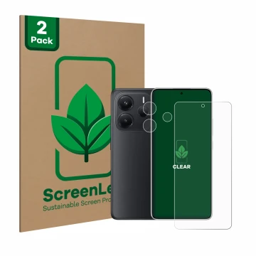 Face avant d’un emballage produit avec le logo de la marque ScreenLeaf. À côté, l’appareil Xiaomi Redmi Note 14 (Avant+Caméra)