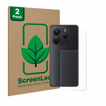 Face avant d’un emballage produit avec le logo de la marque ScreenLeaf. À côté, l’appareil Xiaomi Redmi Note 14 (Arrière) est 