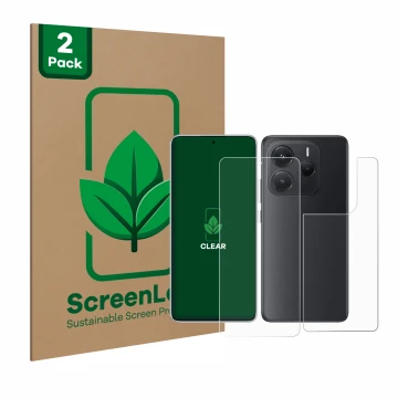Face avant d’un emballage produit avec le logo de la marque ScreenLeaf. À côté, l’appareil Xiaomi Redmi Note 14 (Avant+Arrière